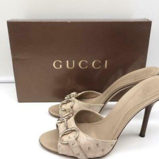 Photo of Gucci Hollywood Horsebit Slide Sandals Sand Ostrich Size 7.5 Open Toe Heels
