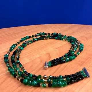 Photo of 16-20 inch 3 Strand Malachite Stone Beaded Statement Necklace featuring Preciosa Czech Crystal & silver lined gold beads