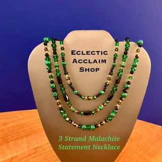 Photo of 16-20 inch 3 Strand Malachite Stone Beaded Statement Necklace featuring Preciosa Czech Crystal & silver lined gold beads