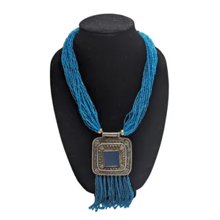 Photo of Vintage Elegant Seed Bead Layered Strand Necklace Blue Tassel Silver Pendant