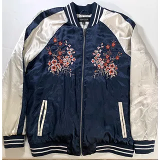 Photo of New Look Satin Jacket Varsity/Baseball Navy White Embroidered Floral Women's LG