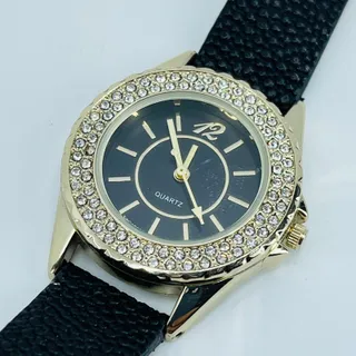 Photo of Vintage Gold Tone Rhinestone Quartz Watch Leather Band SA9