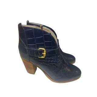 Photo of Size 38 Boden Women's Blue Leather 3.5" Heeled Bootie Croc Embossed A0745