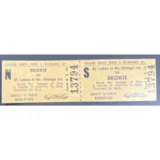 Photo of Chicago and North Shore & Milwaukee RY Ticket Great Lakes to Skokie #13794