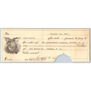 Photo of Arrowsmith Company Newark, NJ 1901 $5 Promissory Note w/ Tear Cancel*