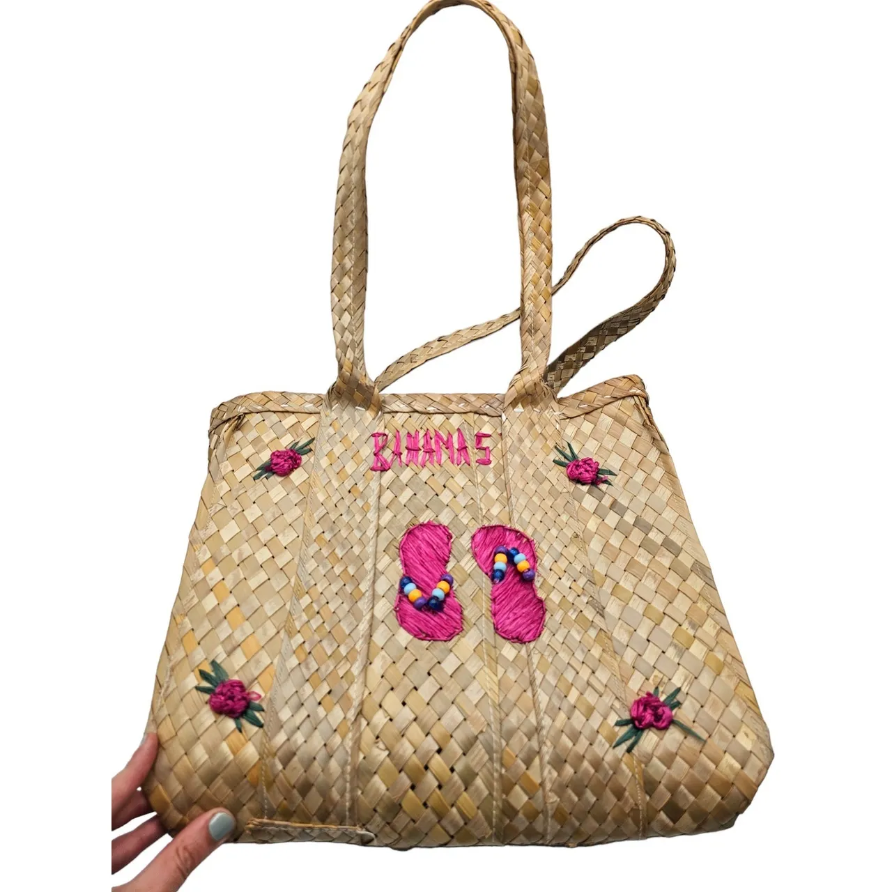 Vintage Y2K The Bahamas Woven Straw Tote Bag Embroidered Flip Flop