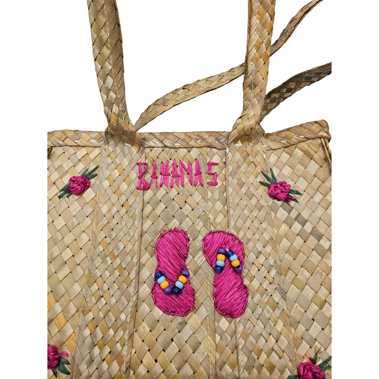 Vintage Y2K The Bahamas Woven Straw Tote Bag Embroidered Flip Flop