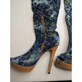 Photo of Vintage Y2K Womens Sz 11 Platform Thigh High Heels Denim Blue