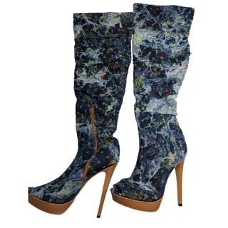 Photo of Vintage Y2K Womens Sz 11 Platform Thigh High Heels Denim Blue