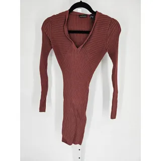 Photo of Moda International Women's Rust Long Sleeve V-neck Knitted Mini Dress Size XS