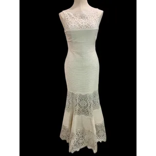 Photo of XS Tadashi Shoji Pintuck Lace Gown Ivory Boatneck Romantic