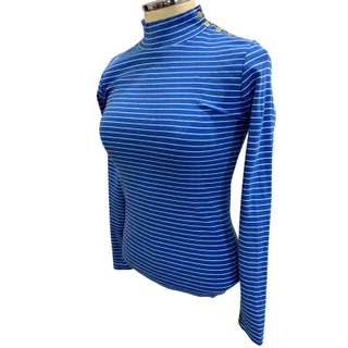 Photo of XS J.Crew Womens Blue Mockneck Striped Shirt Long Sleeve BS214