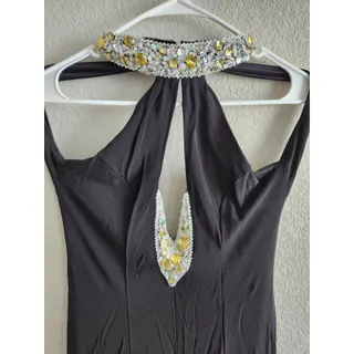 Photo of Vintage 1990s Sz 8 Formal Maxi Dress Black Beaded Front w/ Train Low Back