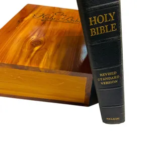 Photo of 1950s Holy Bible in Hinged Cedar Box Revised Standard Nelson