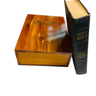 Photo of 1950s Holy Bible in Hinged Cedar Box Revised Standard Nelson