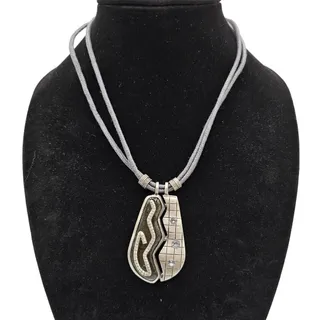 Photo of Vintage 1970s Rolled Leather Pendant Necklace Enamel Inlay Rhinestone Boho