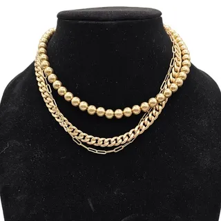 Photo of Vintage 1990s Brushed Gold Tone Multi Strand Chain Necklace Beaded
