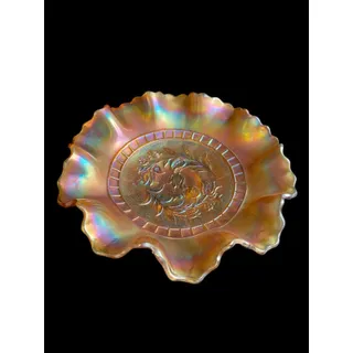 Photo of Vintage Dugan Wildflower Marigold Carnival Glass Ruffle 8.75" Bowl
