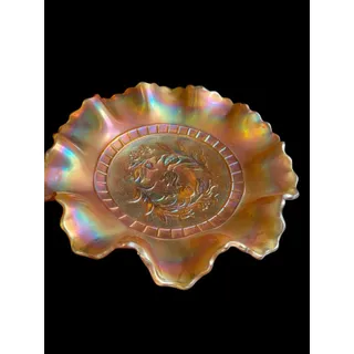Photo of Vintage Dugan Wildflower Marigold Carnival Glass Ruffle 8.75" Bowl