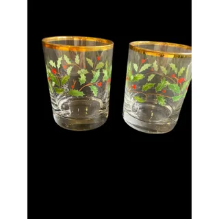 Photo of Vintage Mikasa Set of 2 Double Old Fashioned Glasses Holly Berry Ribbon Gold Trim