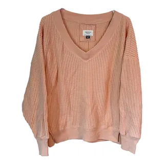 Photo of AE American Eagle AE Big Hug V-Neck Waffle Sweater/Sweatshirt Pink Oversized XS