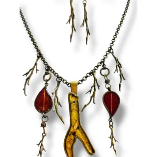 Photo of Antiqued Goldtone Necklace Earring Set DiBon USA Nature Theme New