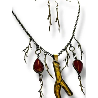 Photo of Antiqued Goldtone Necklace Earring Set DiBon USA Nature Theme New