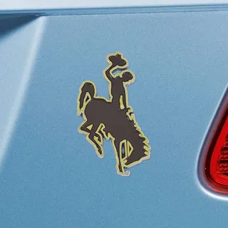 Photo of University of Wyoming Cowboys Premium Solid Metal Raised Auto Emblem, Team Color, Shape Cut, Adhesive Backing