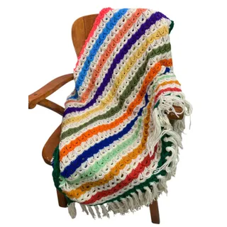 Photo of Vintage Striped Crochet Afghan Retro Broomstick Lace Stitch 68" x 50"