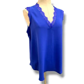 Photo of Large Womens Royal Blue Sleeveless Blouse V-Neck Lace Trim