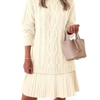 Photo of Cable Knit Fall Sweater Dress Pleated Long Sleeve Crewneck
