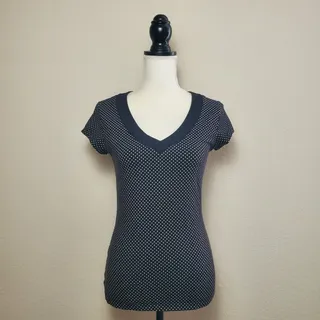 Photo of Express Black Cream Polka Dot V-Neck Top Small