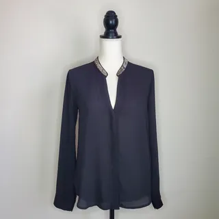 Photo of ASTR Black Beaded V-Neck Button Down Top Small