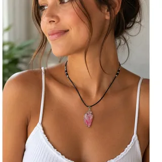 Photo of Pink White Swirl Shell Pendant Necklace Black Cord Silver Tone Boho Beach Style
