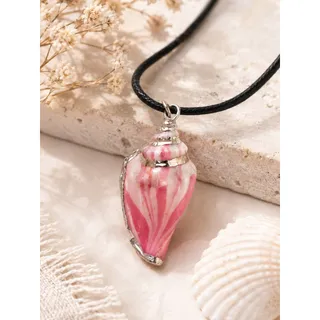Photo of Pink White Swirl Shell Pendant Necklace Black Cord Silver Tone Boho Beach Style