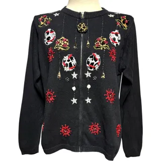 Photo of Victoria Jones Beaded Animal Print Holiday Cardigan Sweater Black Leopard Medium