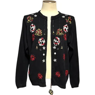 Photo of Victoria Jones Beaded Animal Print Holiday Cardigan Sweater Black Leopard Medium