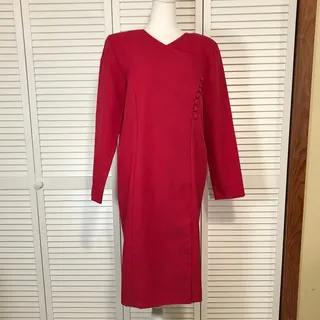 Photo of Bedford Fair Vintage 80s Red V-neck Long-Sleeve Sheath Midi Dress 15