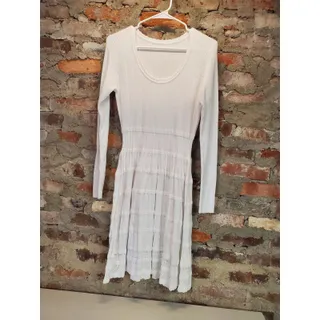 Photo of Womens Knit Dress Medium White Ribbed Long Sleeve Tiered Eyelet Knee Length
