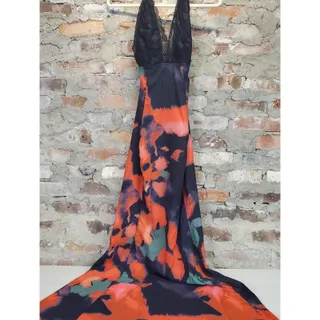 Photo of Womens Maxi Dress S Multicolor Lace V Neck Abstract Print Flowy Gown