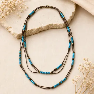 Photo of Boho Turquoise Beaded Multi-Strand Cord Necklace Bronze Accent Vintage Style