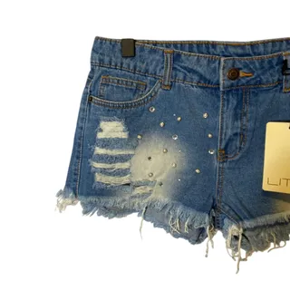 Photo of Litz Blue Distressed Frayed Hem Jeweled Casual Denim Jean Shorts Women Sz M