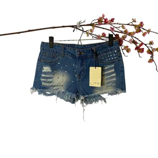 Photo of Litz Blue Distressed Frayed Hem Jeweled Casual Denim Jean Shorts Women Sz M