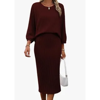 Photo of Women's 2 Piece Ribbed Knit Loose Lantern Sleeve Top Skirt Outfit Casual