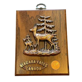 Photo of Vintage Niagara Falls Canada Deer Plaque 1999 Penny Wood Wall Decor Souvenir