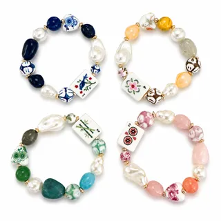 Photo of Mahjong Tile Mixed Bead Stretch Bracelet | Lucky Pink