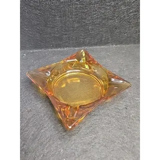 Photo of Vintage MCM Amber Glass Cigar Ashtray Square Mid Century Modern Cigarette 4.5”