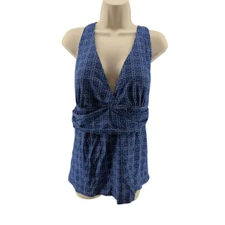 Photo of Lands End V-Neck Plunge X Back Tankini Top Navy Blue Print Womens XL