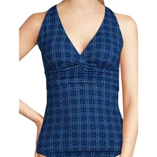 Photo of Lands End V-Neck Plunge X Back Tankini Top Navy Blue Print Womens XL