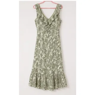 Photo of Jonathan Martin Studio Green Flounce Floral Midi Dress 100% Silk Ruffle Neck 12